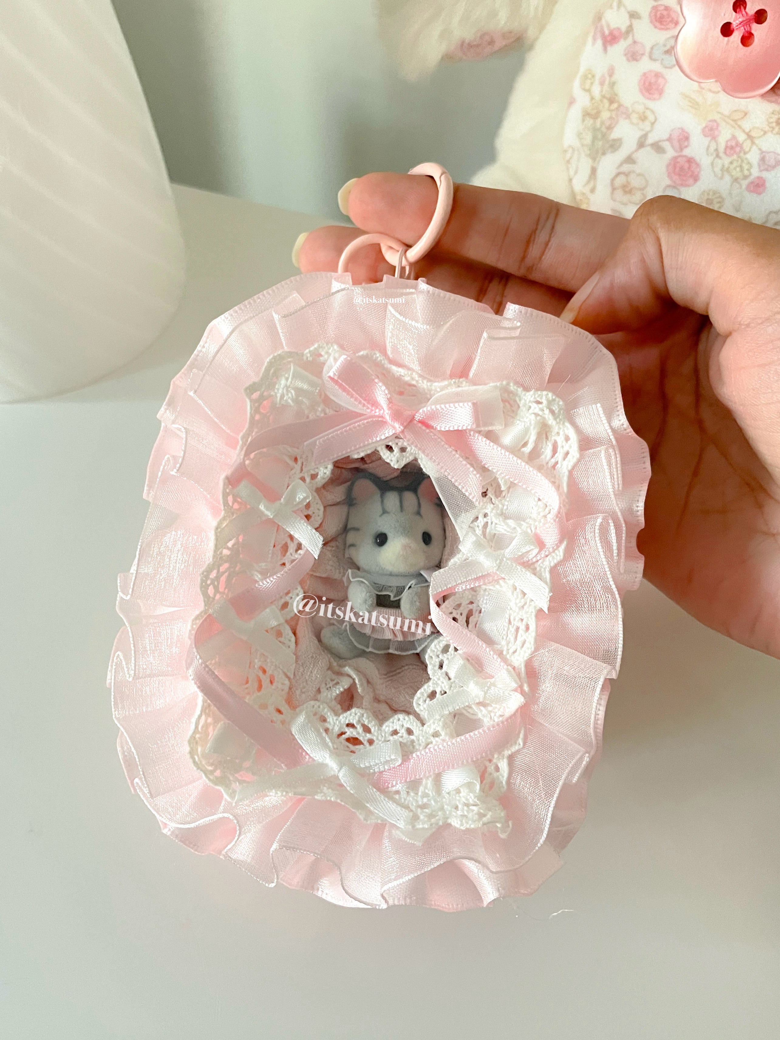 Kawaii Pink Lace Trinket Pouch ♡ Handmade Mini Storage Bag for Calico Critters, Sonny Angels, Smiski, Mini Figures & Collectibles