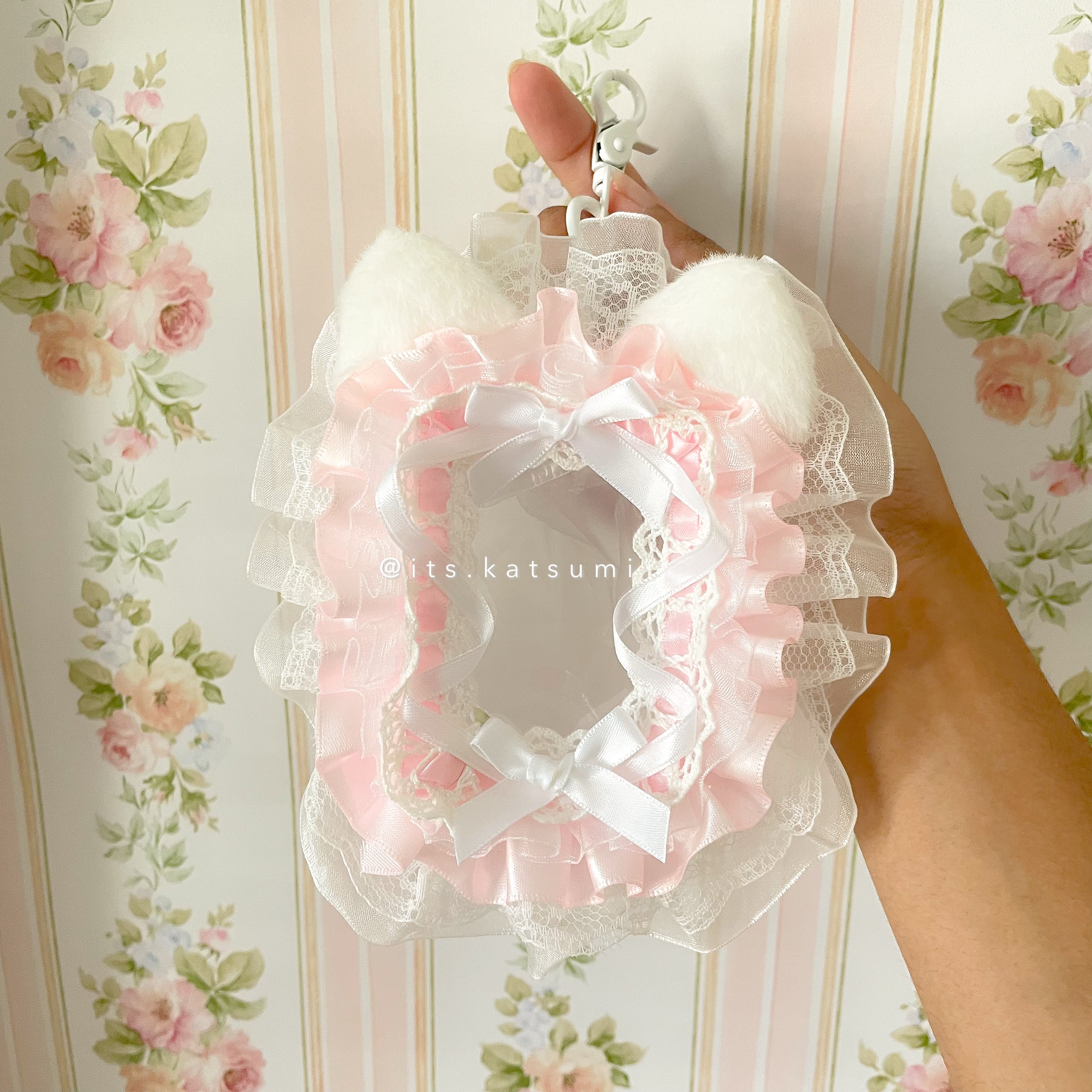 Kawaii Pink Lace Cat Ear Trinket Pouch ♡ Handmade Mini Storage Bag for Calico Critters, Sonny Angels, Smiski, Mini Figures & Collectibles